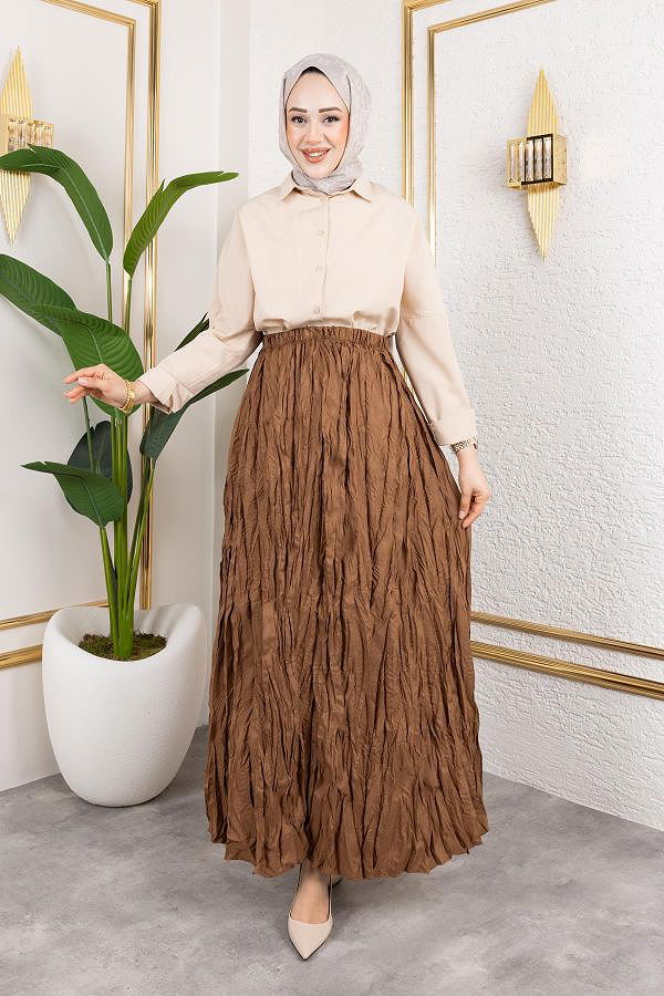 Beli Lastikli Kraş Etek-2040 Kahve