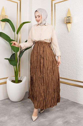 Modaebva - Beli Lastikli Kraş Etek-2040 Kahve (1)