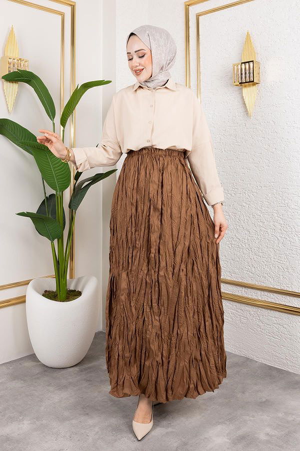 Beli Lastikli Kraş Etek-2040 Kahve