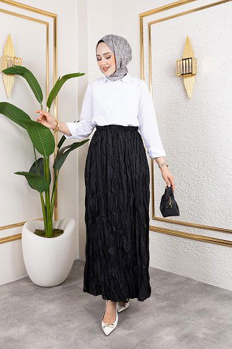 Beli Lastikli Kraş Etek-2040 Siyah - Thumbnail