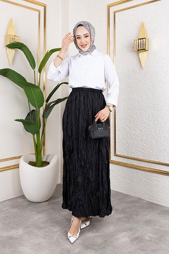 Beli Lastikli Kraş Etek-2040 Siyah - Thumbnail