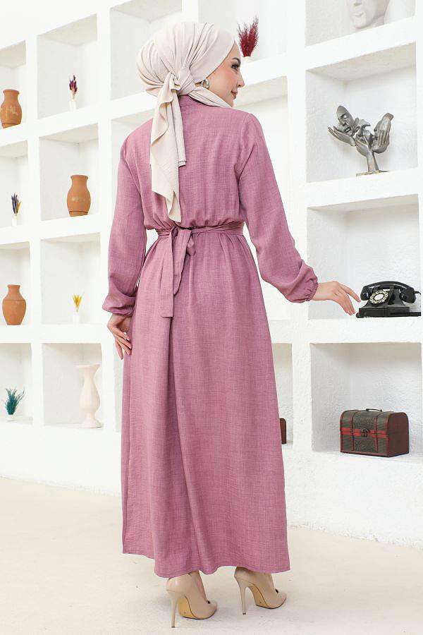 Beli Lastikli Kuşaklı Tesettür Elbise-3851 Gülkurusu