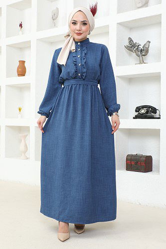 Beli Lastikli Kuşaklı Tesettür Elbise-3851 İndigo - Thumbnail