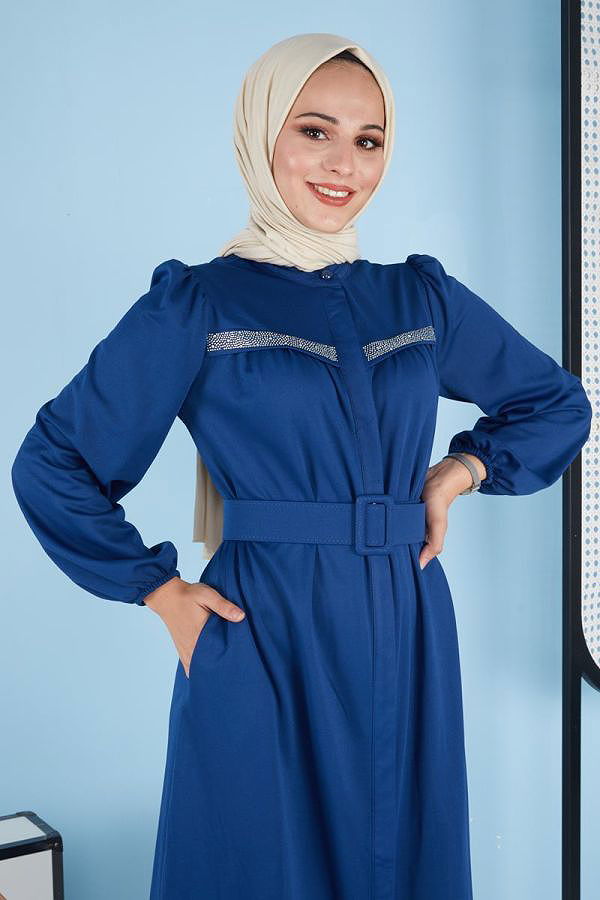 Bilek Üstü Taş Detaylı Ferace-5122 İndigo