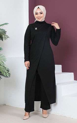 Broşlu Asimetrik Kesim İkili Takım-3132 Siyah - Thumbnail