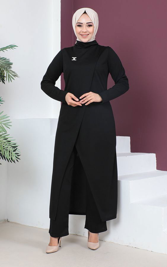 Broşlu Asimetrik Kesim İkili Takım-3132 Siyah