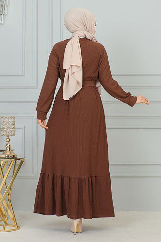 Broşlu Bürümcük Tesettür Elbise-3931 Kahve - Thumbnail