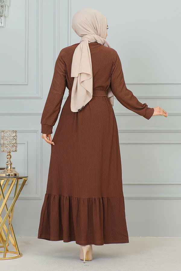 Broşlu Bürümcük Tesettür Elbise-3931 Kahve