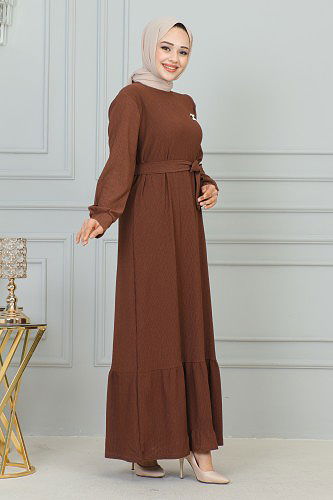 Broşlu Bürümcük Tesettür Elbise-3931 Kahve - Thumbnail