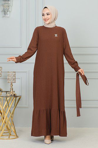 Broşlu Bürümcük Tesettür Elbise-3931 Kahve - Thumbnail