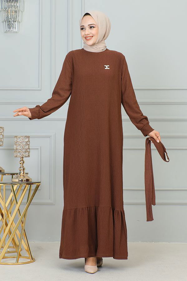Broşlu Bürümcük Tesettür Elbise-3931 Kahve
