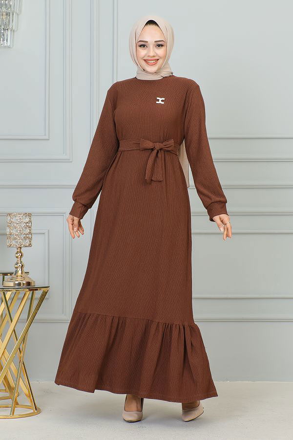 Broşlu Bürümcük Tesettür Elbise-3931 Kahve