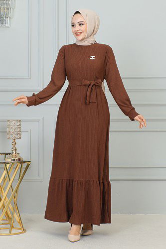 Broşlu Bürümcük Tesettür Elbise-3931 Kahve - Thumbnail