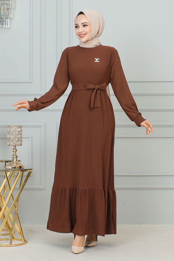 Broşlu Bürümcük Tesettür Elbise-3931 Kahve