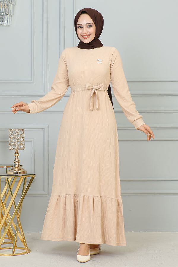 Broşlu Bürümcük Tesettür Elbise-3931 Vizon