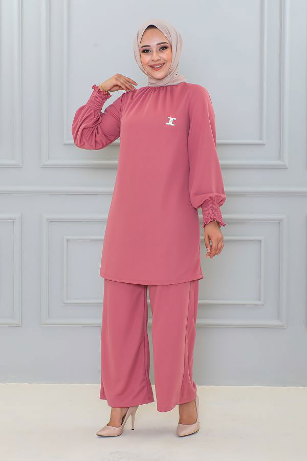 Broşlu İkili Tesettür Takım-3123 Gülkurusu