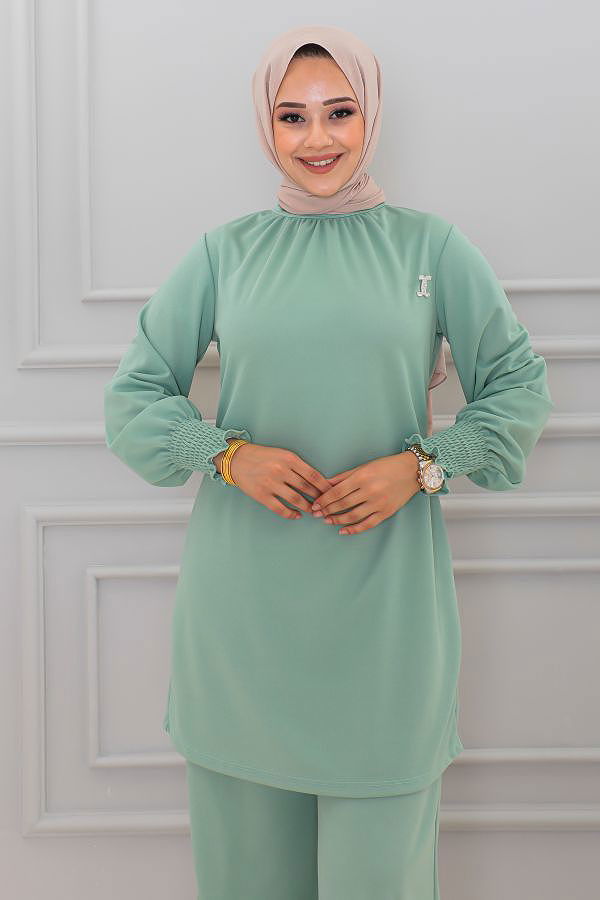 Broşlu İkili Tesettür Takım-3123 Mintyeşili