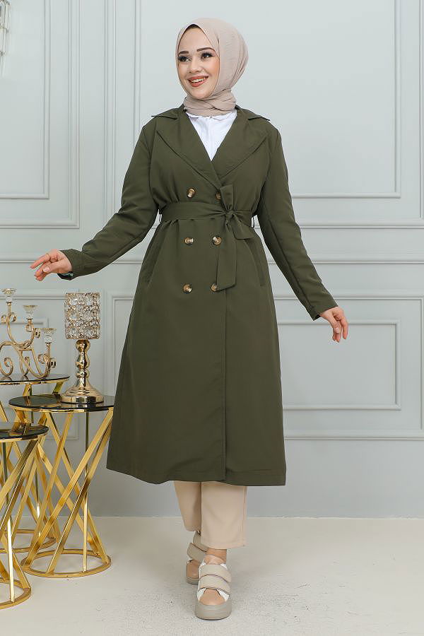 Ceket Yaka Düğmeli Trençkot-1904 Hakiyeşili