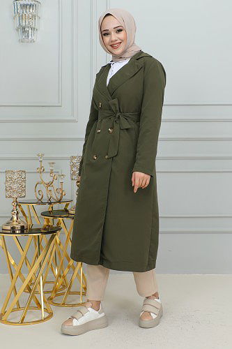 Modaebva - Ceket Yaka Düğmeli Trençkot-1904 Hakiyeşili (1)