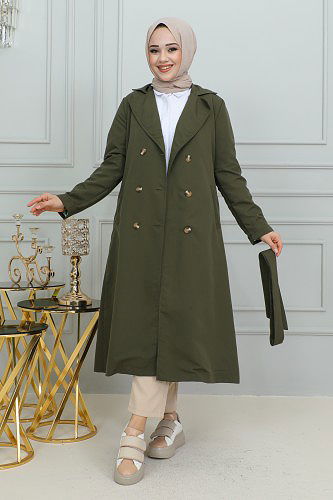Ceket Yaka Düğmeli Trençkot-1904 Hakiyeşili - Thumbnail
