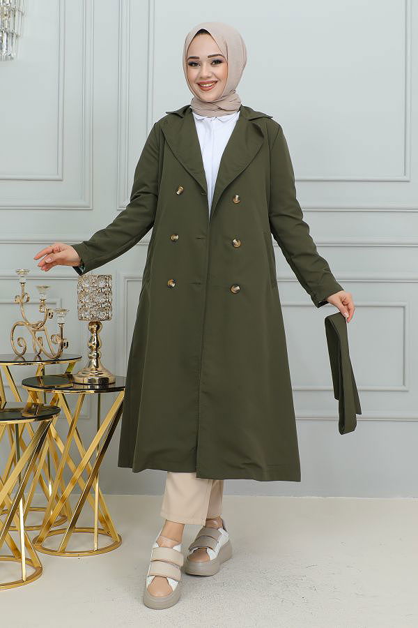 Ceket Yaka Düğmeli Trençkot-1904 Hakiyeşili