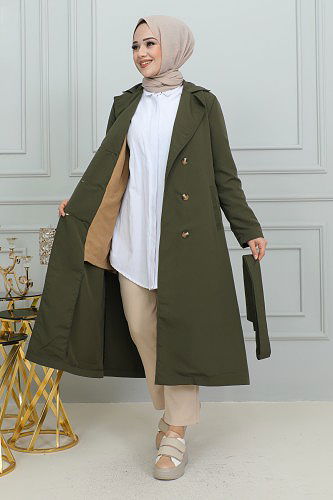 Ceket Yaka Düğmeli Trençkot-1904 Hakiyeşili - Thumbnail