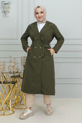 Ceket Yaka Düğmeli Trençkot-1904 Hakiyeşili - Thumbnail