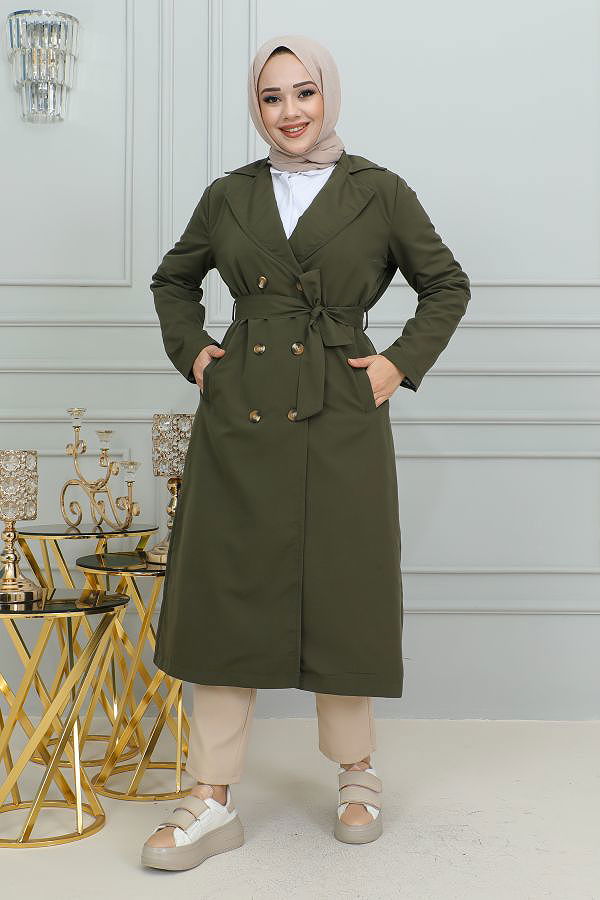 Ceket Yaka Düğmeli Trençkot-1904 Hakiyeşili