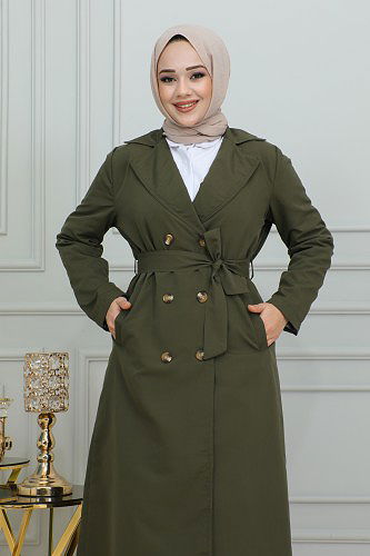 Ceket Yaka Düğmeli Trençkot-1904 Hakiyeşili - Thumbnail