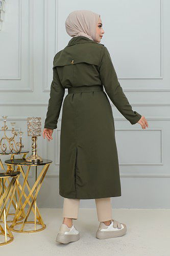 Ceket Yaka Düğmeli Trençkot-1904 Hakiyeşili - Thumbnail