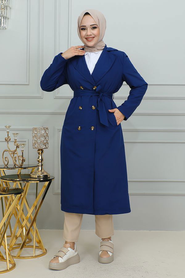 Ceket Yaka Düğmeli Trençkot-1904 İndigo