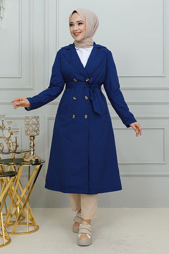 Ceket Yaka Düğmeli Trençkot-1904 İndigo - Thumbnail