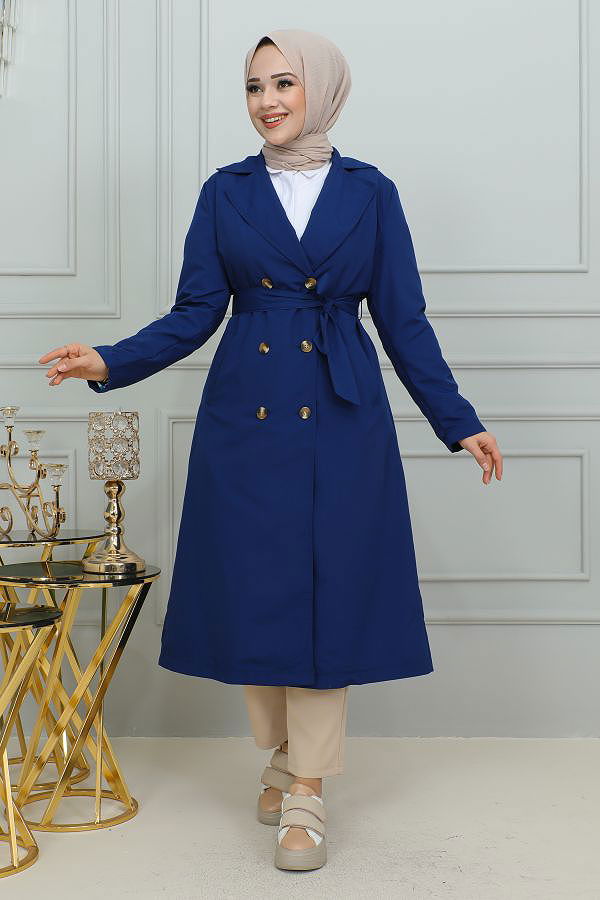Ceket Yaka Düğmeli Trençkot-1904 İndigo