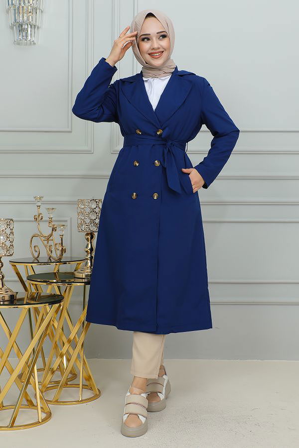 Ceket Yaka Düğmeli Trençkot-1904 İndigo