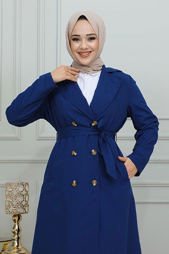 Ceket Yaka Düğmeli Trençkot-1904 İndigo - Thumbnail