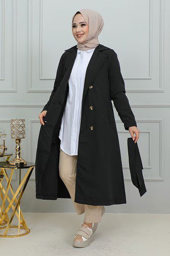 Ceket Yaka Düğmeli Trençkot-1904 Siyah - Thumbnail