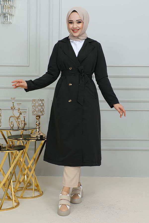 Ceket Yaka Düğmeli Trençkot-1904 Siyah