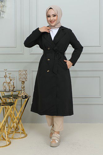 Ceket Yaka Düğmeli Trençkot-1904 Siyah - Thumbnail