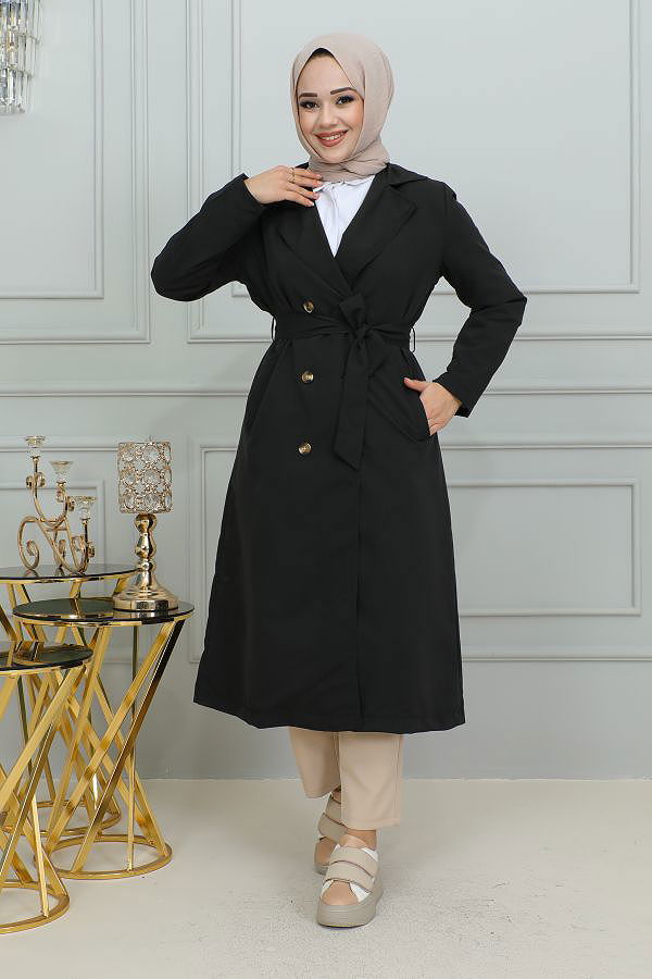 Ceket Yaka Düğmeli Trençkot-1904 Siyah