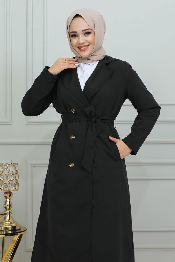 Ceket Yaka Düğmeli Trençkot-1904 Siyah