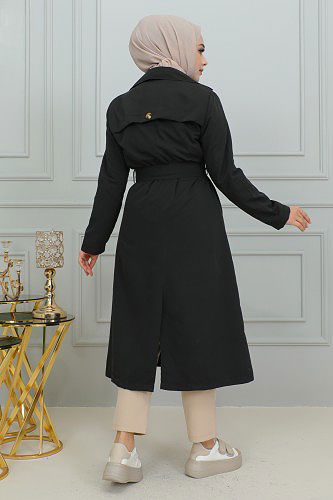 Ceket Yaka Düğmeli Trençkot-1904 Siyah - Thumbnail