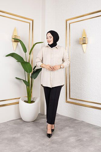 Cep Detaylı Tesettür Gömlek-3037 Bej - Thumbnail