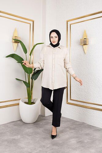 Modaebva - Cep Detaylı Tesettür Gömlek-3037 Bej (1)