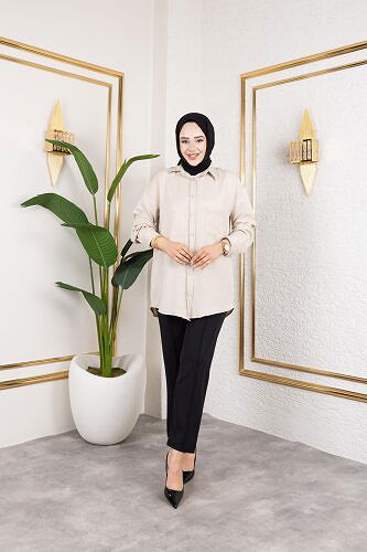 Cep Detaylı Tesettür Gömlek-3037 Bej - Thumbnail