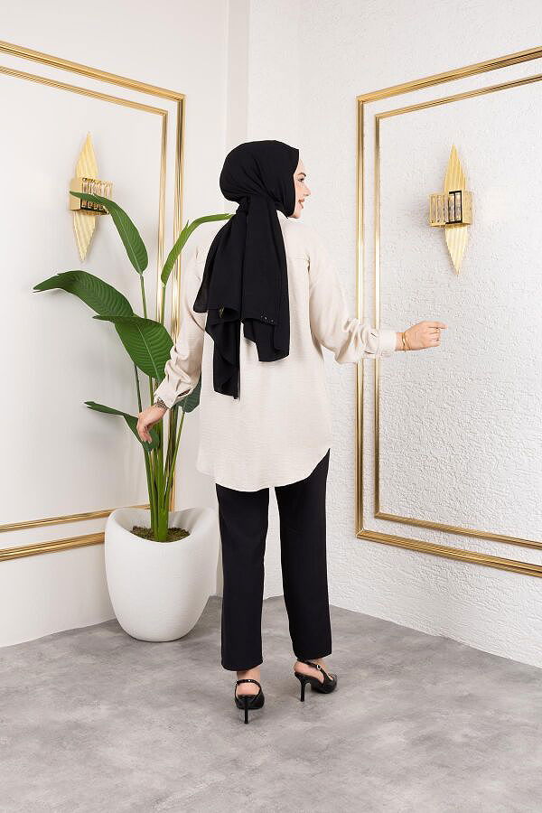 Cep Detaylı Tesettür Gömlek-3037 Bej