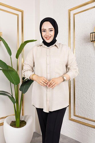 Modaebva - Cep Detaylı Tesettür Gömlek-3037 Bej