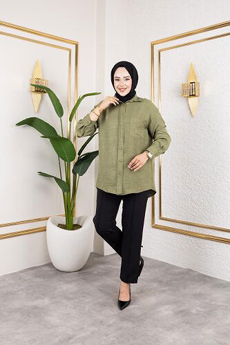 Cep Detaylı Tesettür Gömlek-3037 Haki yeşili - Thumbnail