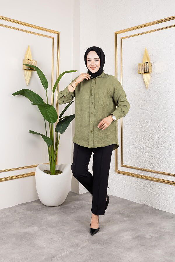Cep Detaylı Tesettür Gömlek-3037 Haki yeşili