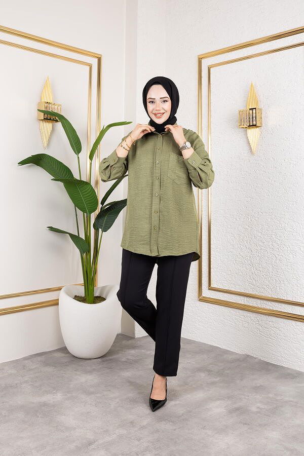Cep Detaylı Tesettür Gömlek-3037 Haki yeşili
