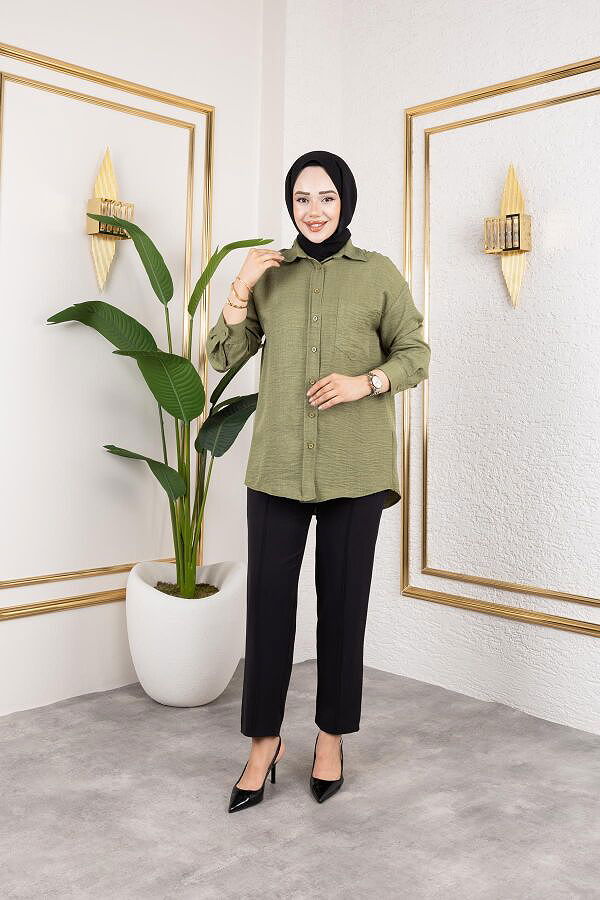 Cep Detaylı Tesettür Gömlek-3037 Haki yeşili